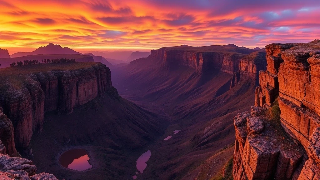 Sonnenuntergang am Amphitheatre der Drakensberg Chain Ladders mit dramatischem Himmel