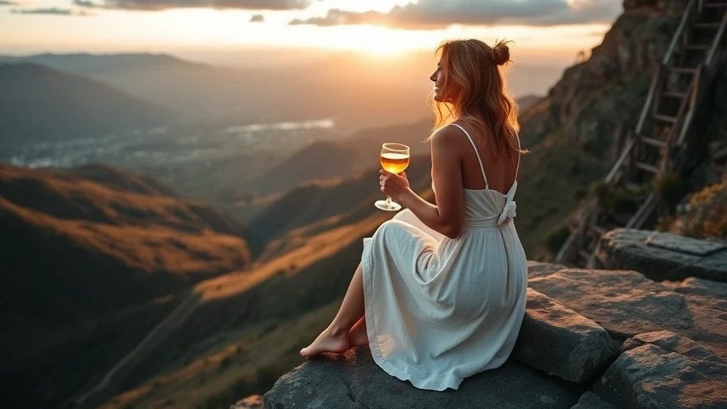 Elegante Frau geniesst Sundowner an den Drakensberg Chain Ladders