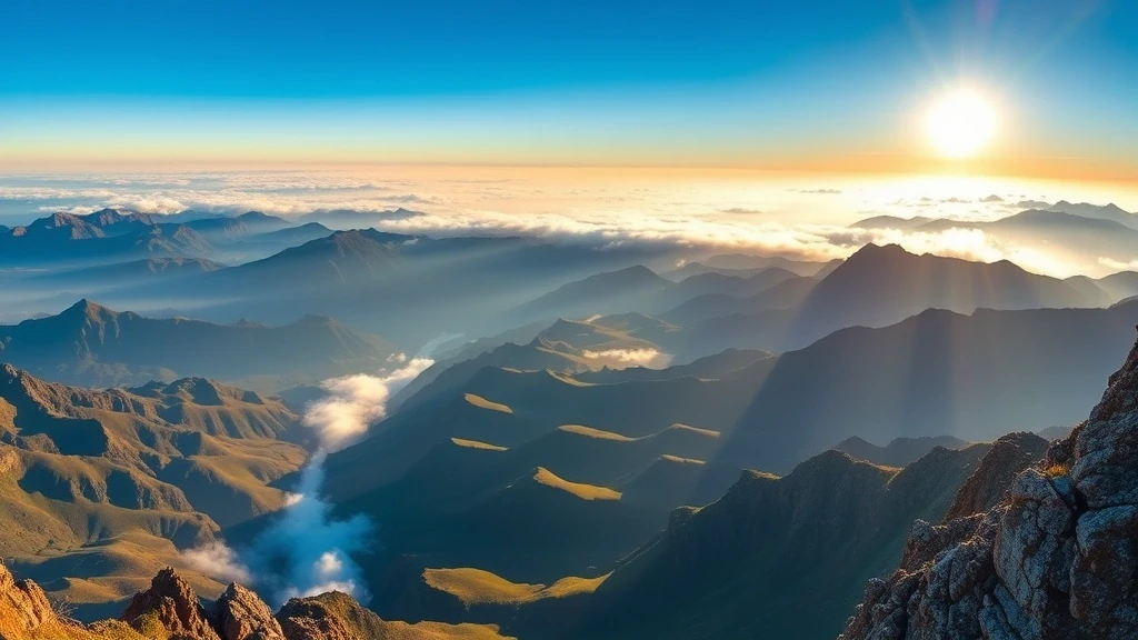 Panoramablick von Sentinel Peak auf die Drakensberg Chain Ladders mit Nebel