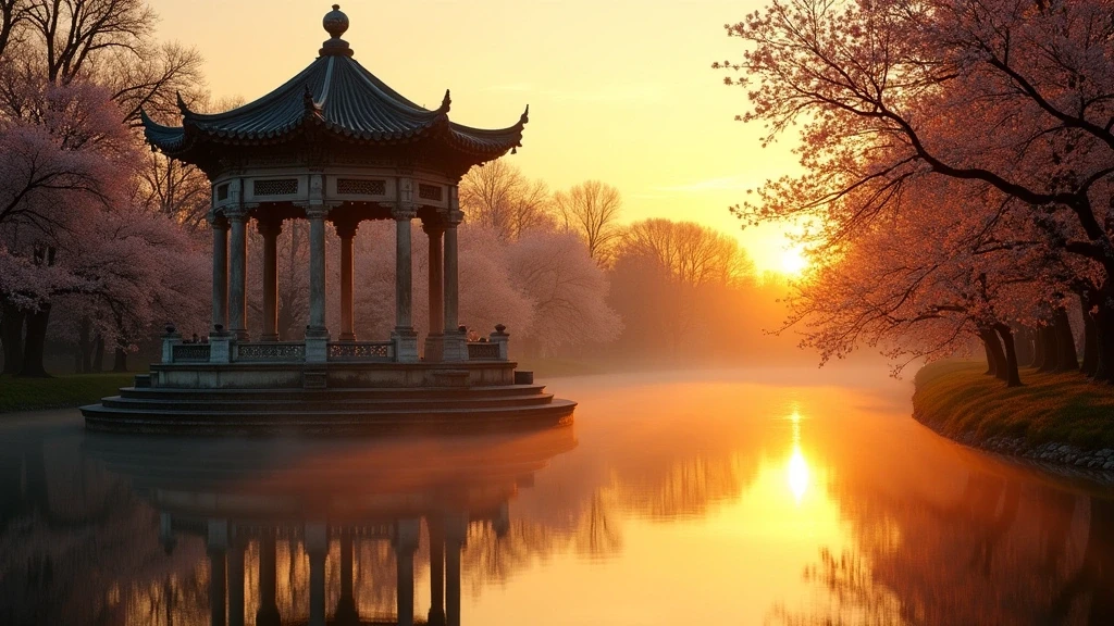 Goldene Stunde im Schlosspark Pillnitz mit Pavillon und Elbfluss in Dresden