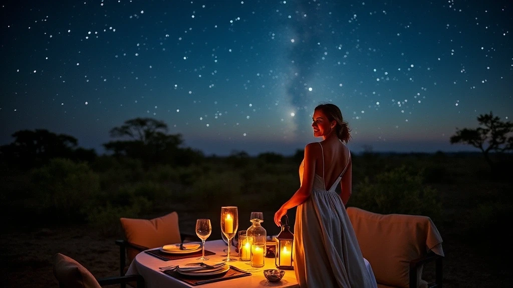 Elegante Frau beim Gourmet-Bush-Dinner unter dem Sternenhimmel in Duba Plains Camp, Botswana