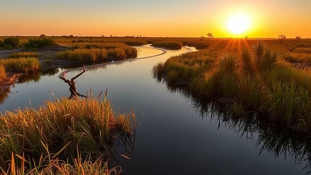 Goldene Stunde an den Wasserwegen des Okavango-Deltas bei Duba Plains Camp in Botswana