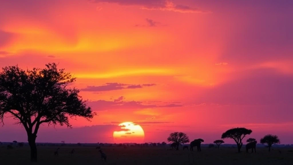 Dramatischer Sonnenuntergang ueber den Okavango-Delta-Flutebenen bei Duba Plains Camp in Botswana