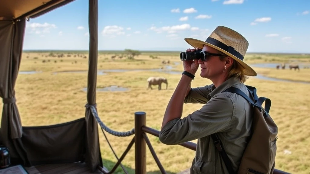 Stylish Reisender beobachtet Wildtiere von der Terrasse in Duba Plains Camp, Botswana