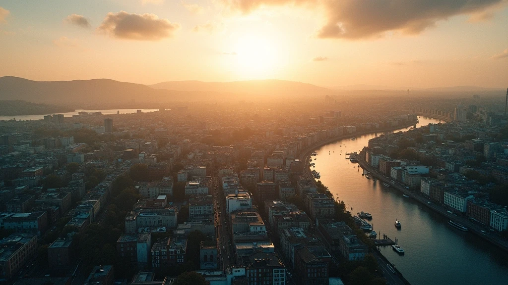 Dramatische Luftaufnahme von Dublin Bay und Wicklow Mountains zur goldenen Stunde in Irland