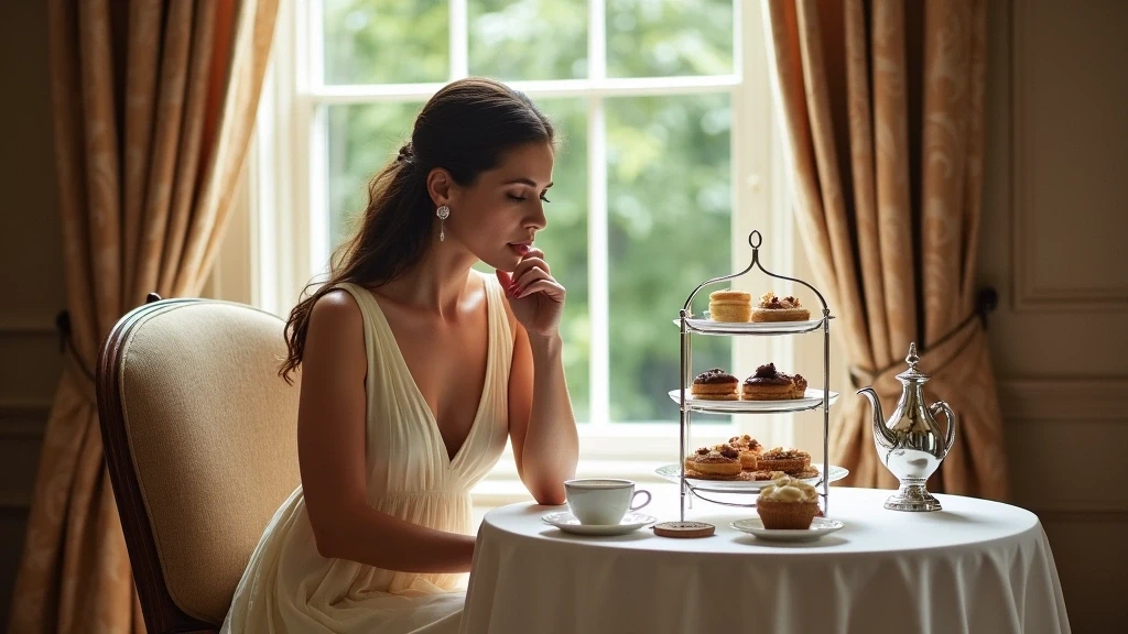 Elegante Frau geniesst Afternoon Tea im Shelbourne Hotel in Dublin, Irland