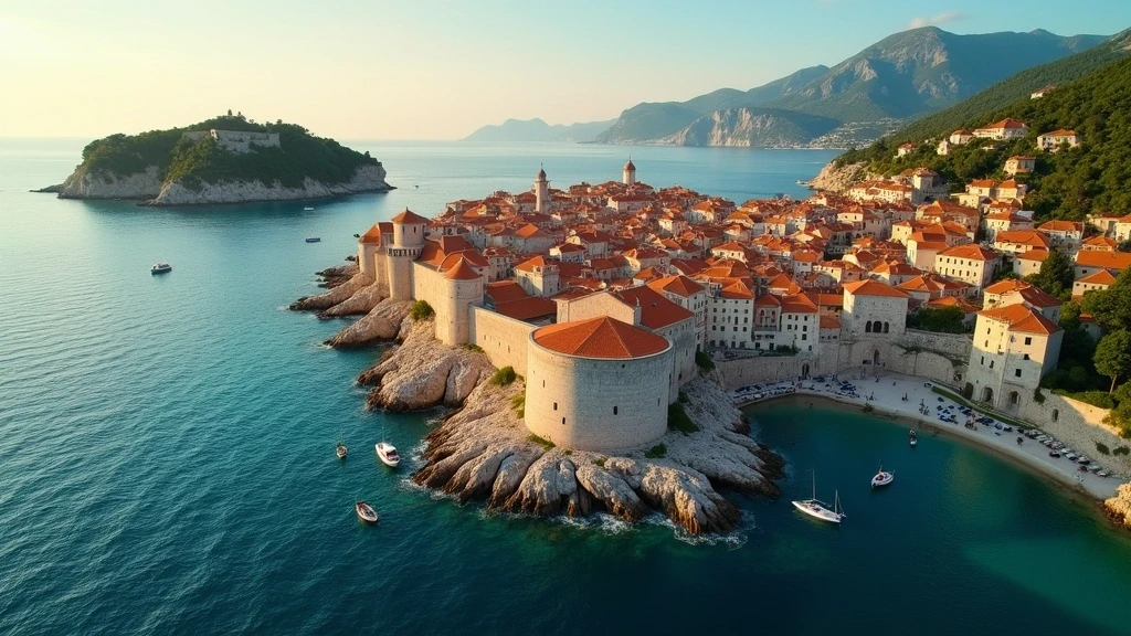 Luftaufnahme der historischen Altstadt von Dubrovnik mit terrakottafarbenen Daechern und Stadtmauern an der Adria