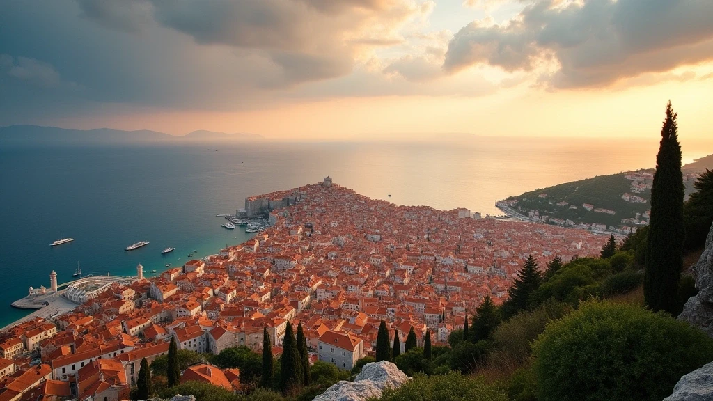 Panoramablick auf Dubrovnik vom Berg Srd aus zur goldenen Stunde