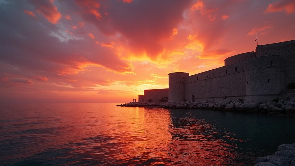 Sonnenuntergang ueber der Adria mit Silhouette der Dubrovniker Stadtmauern