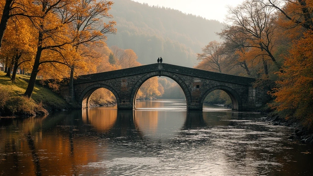Historische Dunkeld Bridge über den River Tay mit Herbstlaub und Spaziergängern in Schottland