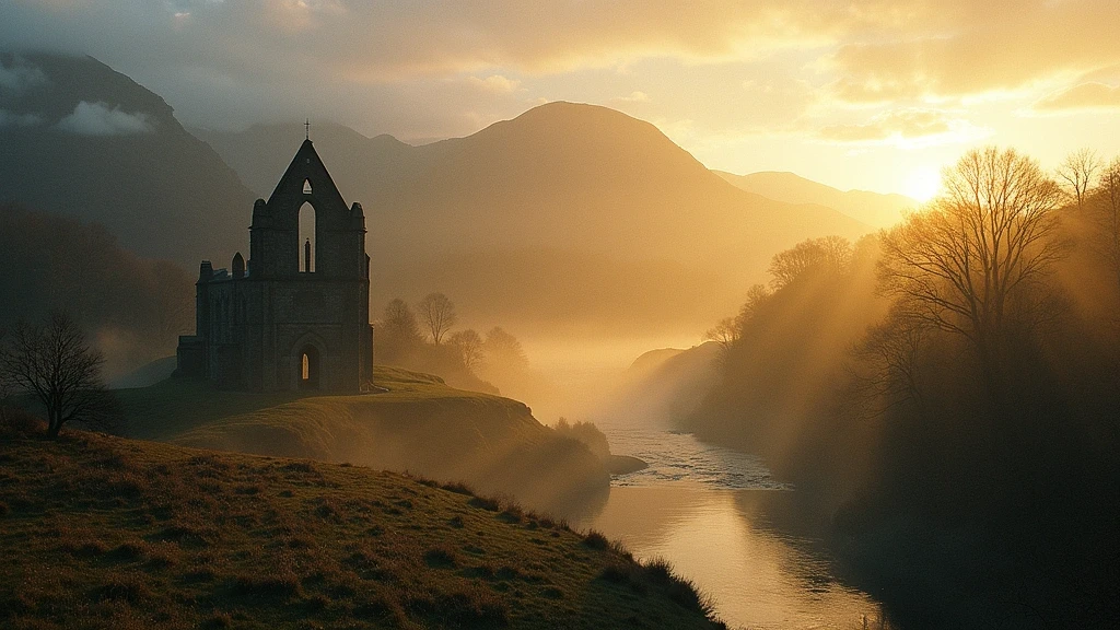 Dunkeld Cathedral Ruinen bei goldenem Abendlicht mit Nebel über dem River Tay in den schottischen Highlands