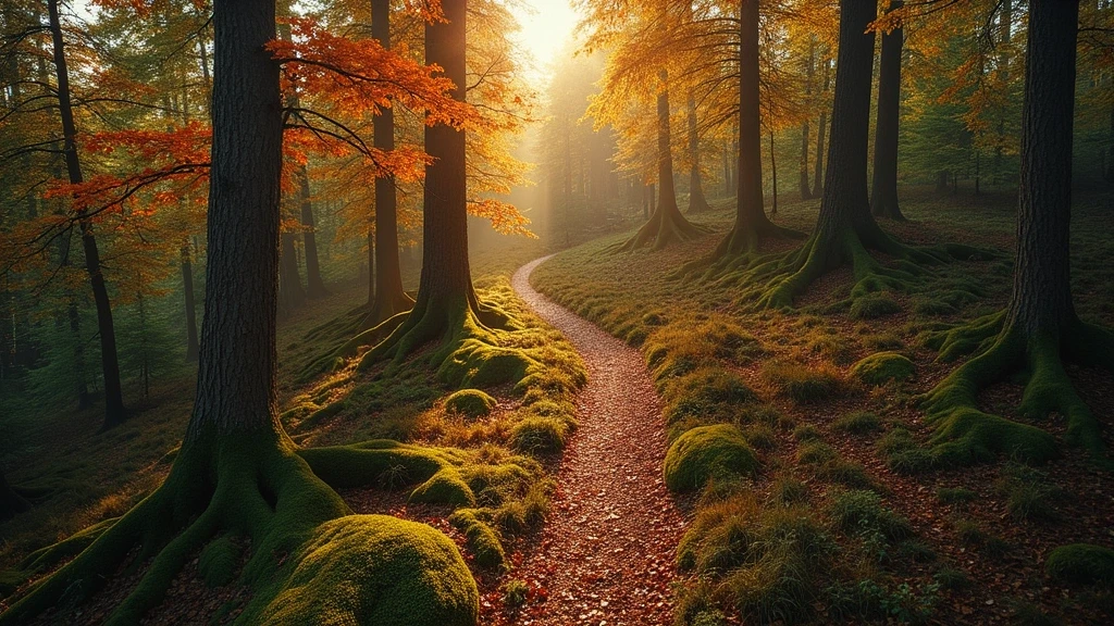 Luftaufnahme des Hermitage Waldes im Herbst mit alten Douglasien und leuchtenden Herbstfarben in Dunkeld