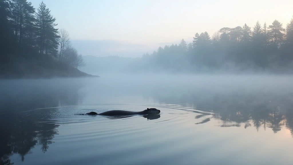 Nebliger Morgen am Loch of the Lowes mit Otter im Wasser und Spiegelungen in Dunkeld