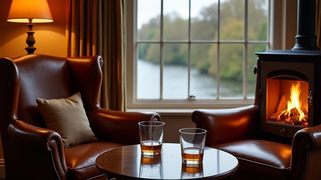 Gemütliches Interieur im Taybank Hotel mit Kamin, Lederesseln und Blick auf den River Tay in Dunkeld