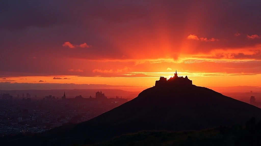 Sonnenuntergang ueber Arthur's Seat mit Edinburgh Skyline im Vordergrund