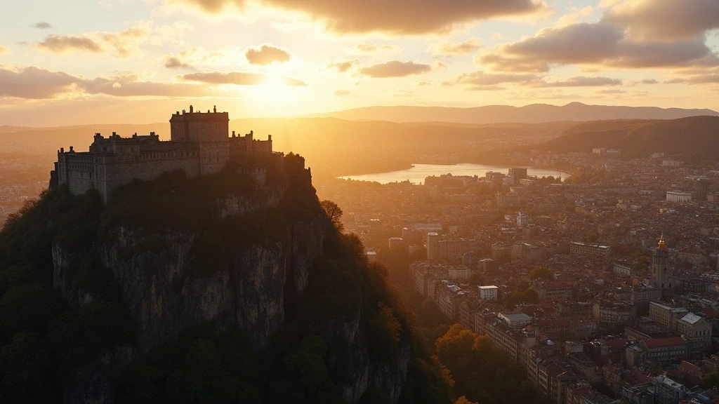 Luftaufnahme von Edinburgh Castle und der Altstadt zur goldenen Stunde in Schottland