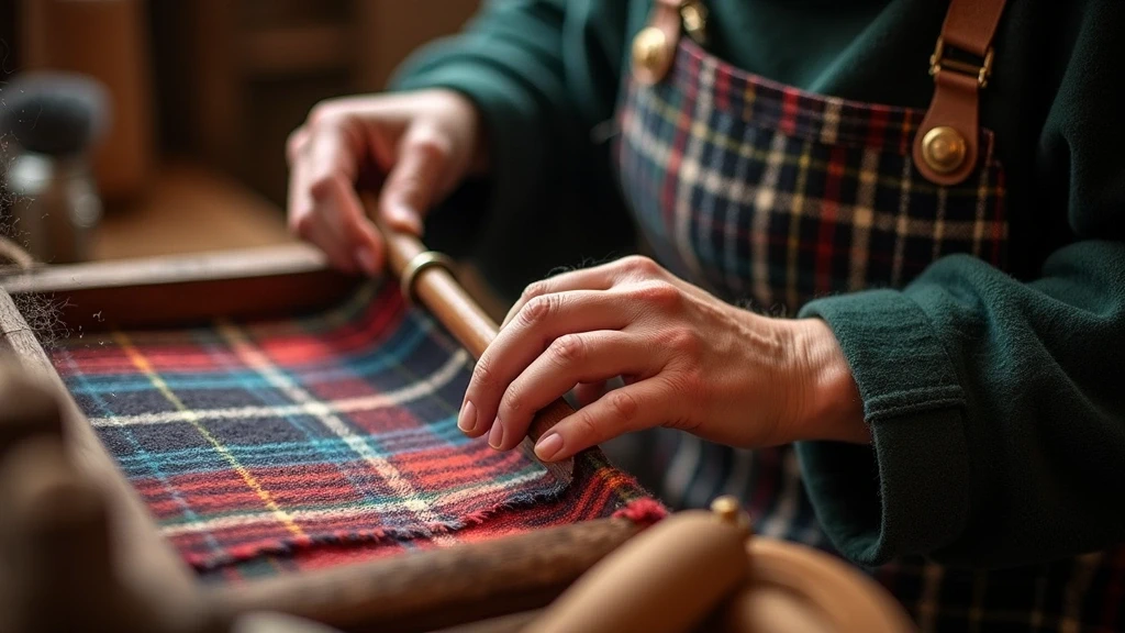 Handwerker stellt traditionellen schottischen Tartan auf der Royal Mile her