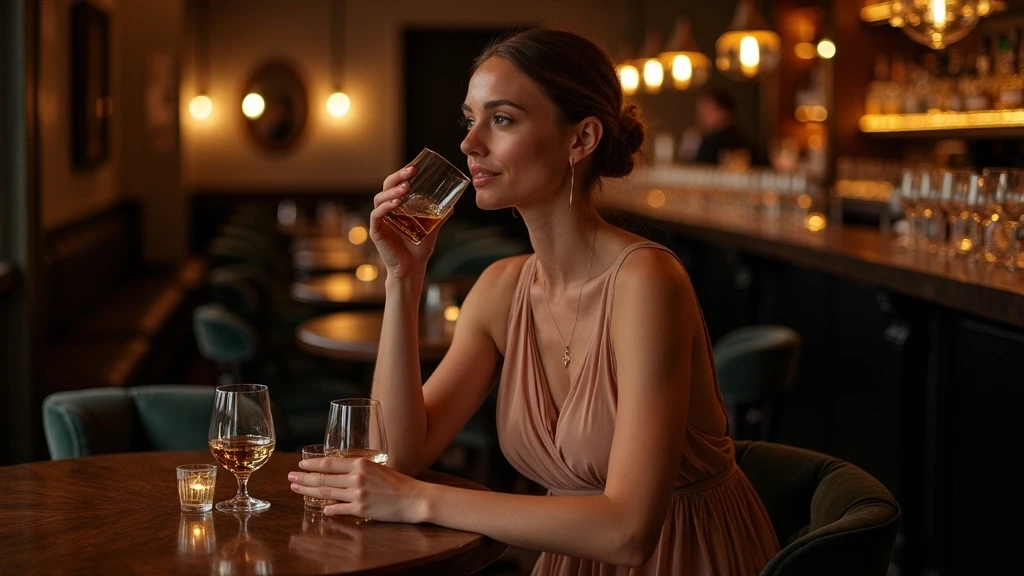 Elegante Frau beim Whisky-Tasting in einer historischen Bar in Edinburgh