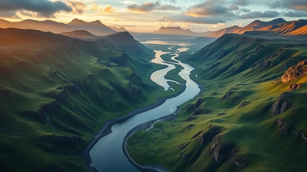Luftaufnahme des Lagarfljót Flusses in Egilsstaðir, Island, zur goldenen Stunde