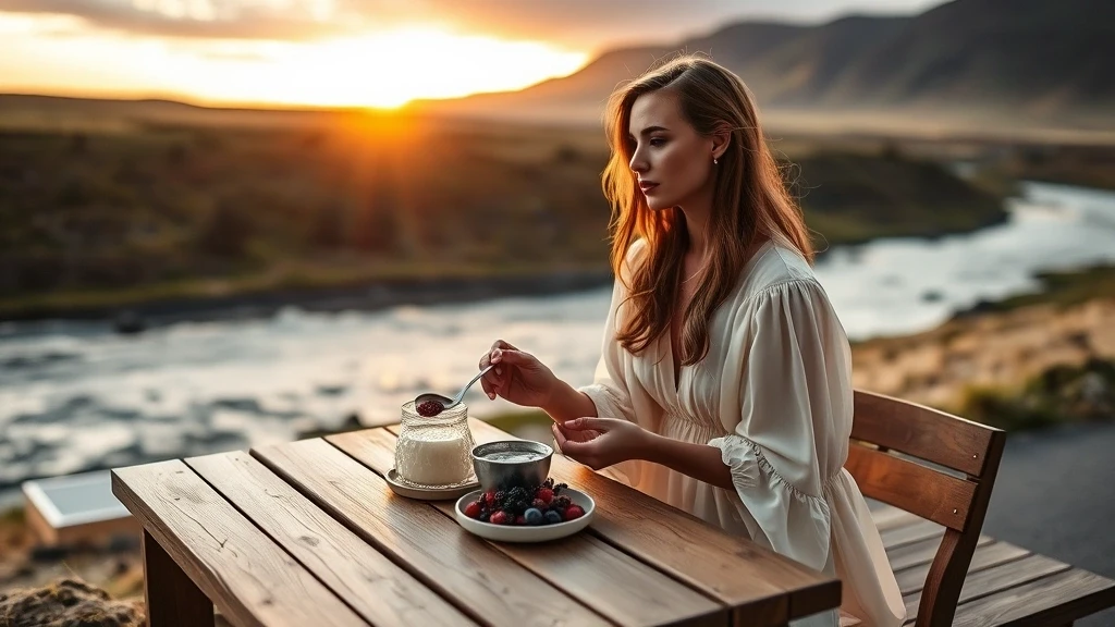 Elegante Frau geniesst traditionellen Skyr in Egilsstaðir, Island