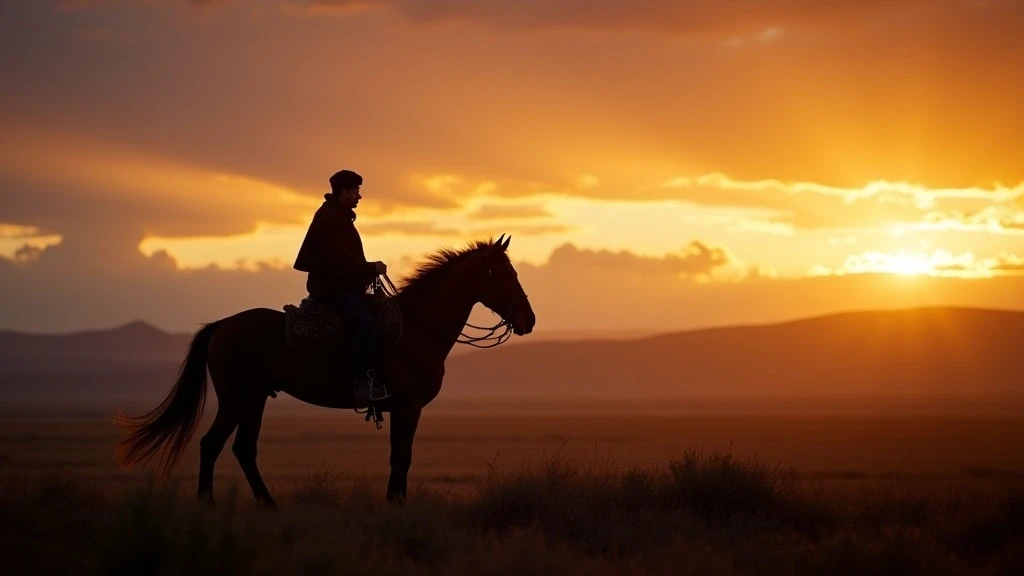 Gaucho-Silhouette zu Pferd auf der Patagonien-Steppe bei Sonnenuntergang in El Calafate