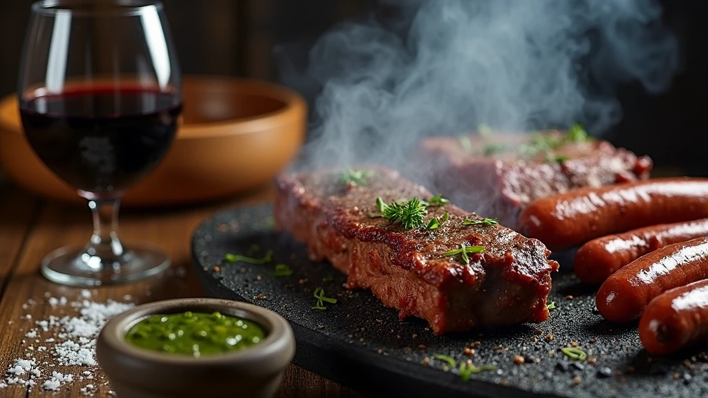 Detailaufnahme eines traditionellen Patagonien-Asado mit Lamm und Chorizo in El Calafate