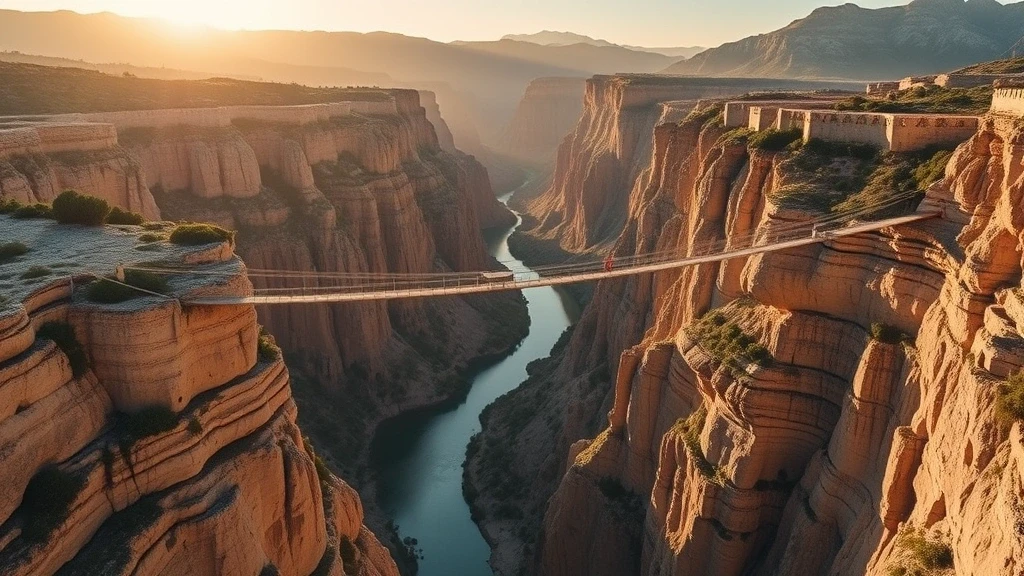 Dramatische Luftaufnahme der Schlucht von El Caminito del Rey in Spanien zur goldenen Stunde