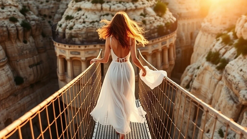 Elegante Frau auf dem schwebenden Weg von El Caminito del Rey mit Blick auf die Schlucht