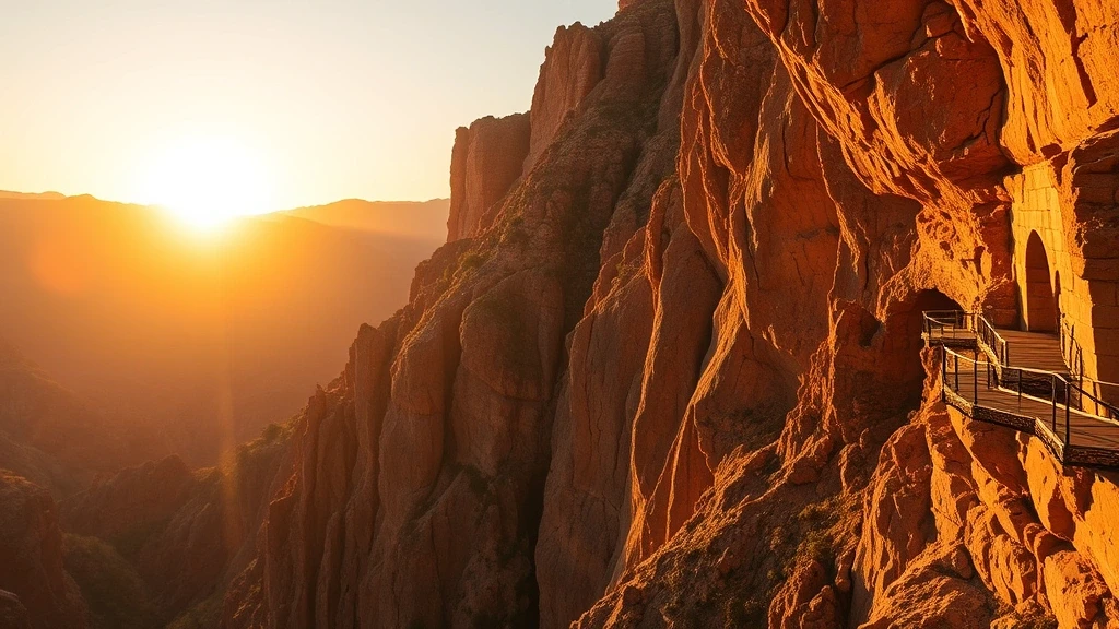 Sonnenuntergang hinter den Bergen von El Caminito del Rey in Spanien mit goldener Beleuchtung