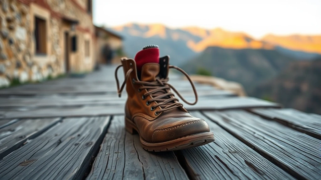 Traditionelle spanische Wanderstiefel auf dem Holzweg von El Caminito del Rey