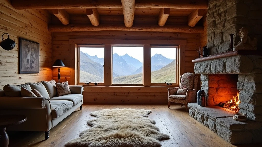Gemütliches Interieur einer rustikalen Lodge in El Chaltén mit Kamin und Blick auf die Berge - Patagonien-Unterkunft