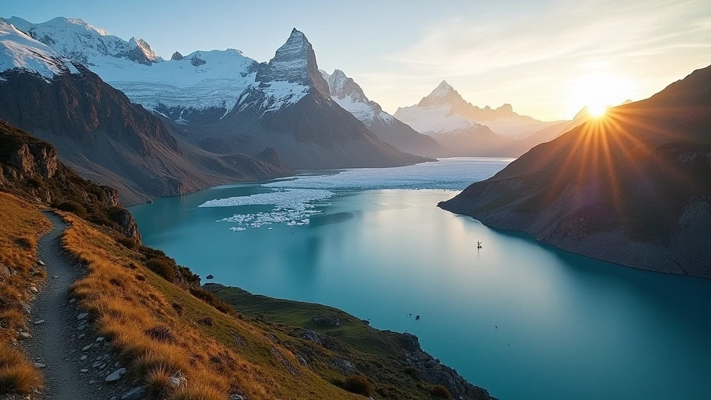 Luftaufnahme des Wanderwegs zum Laguna Torre mit Cerro Torre Gipfel und Gletscher in El Chaltén, Patagonien