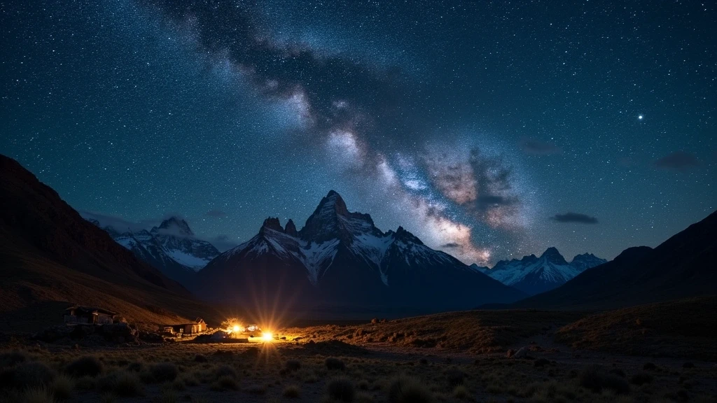 Nachtfoto von El Chaltén mit Milchstraße über der Silhouette des Fitz Roy - dunkler Himmel Patagonien