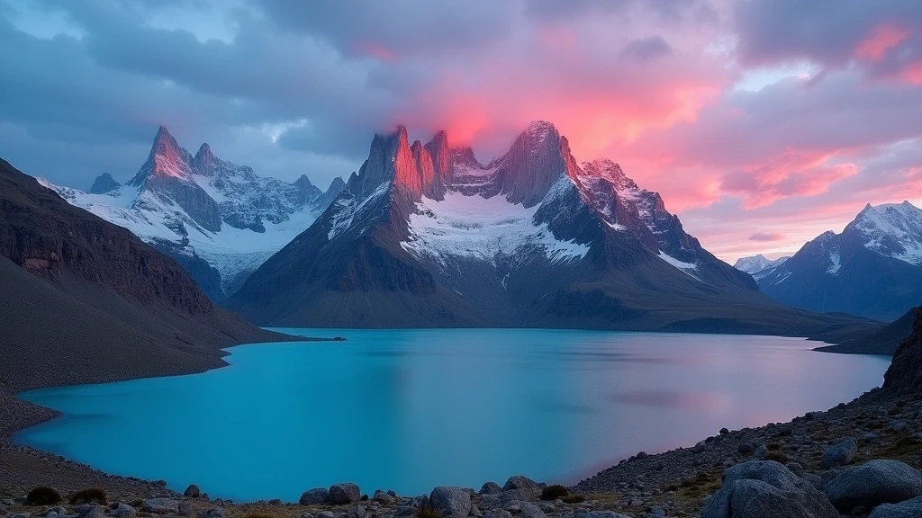 Sonnenaufgang über dem Fitz Roy in El Chaltén mit türkisfarbenem Gletschersee im Vordergrund - atemberaubende Patagonien-Landschaft