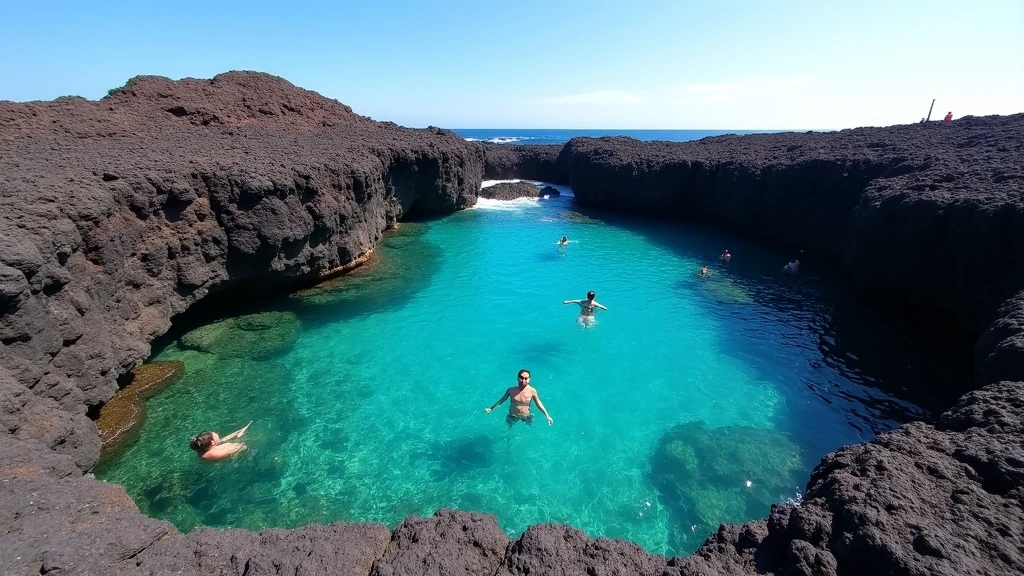 Naturschwimmbecken Charco Azul auf El Hierro mit türkisblauem Wasser in schwarzer Lavalandschaft