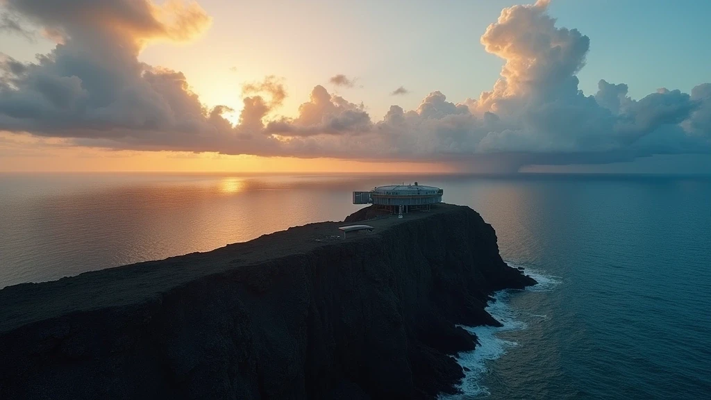 El Hierro Tiefsee-Sternwarte bei Sonnenuntergang mit vulkanischer Küste und tiefblauem Atlantik - Luftaufnahme