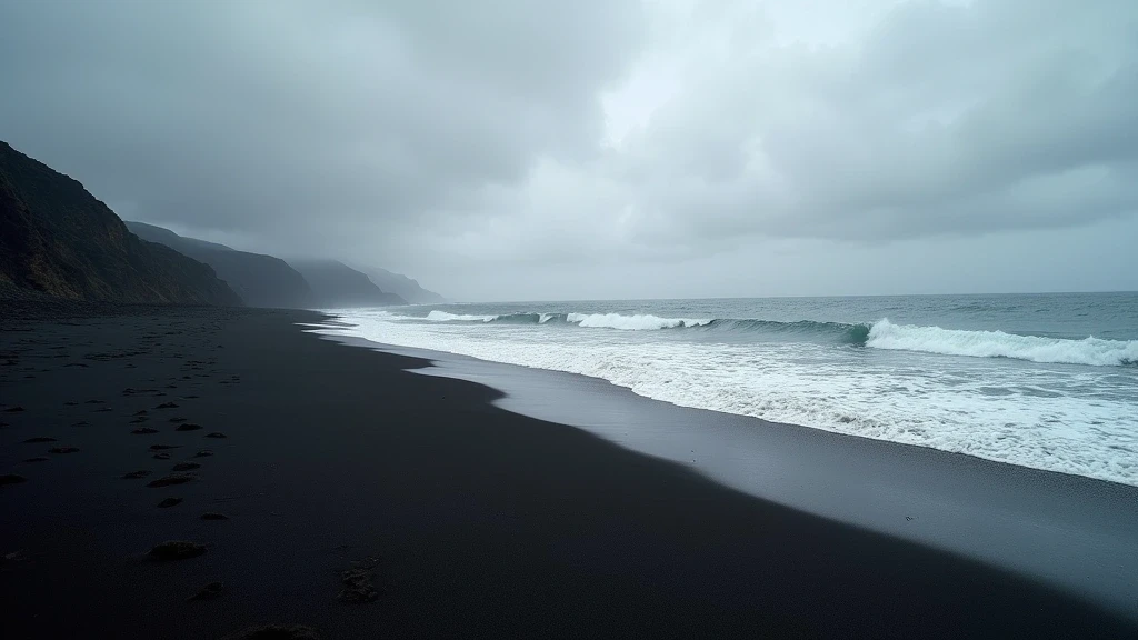 Einsamer schwarzer Sandstrand Playa de Tacorón auf El Hierro mit vulkanischer Landschaft