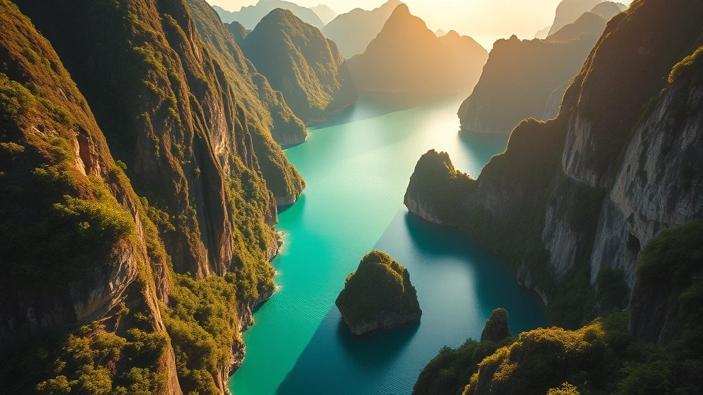 Panoramablick auf die Big Lagoon in El Nido mit smaragdgruenem Wasser