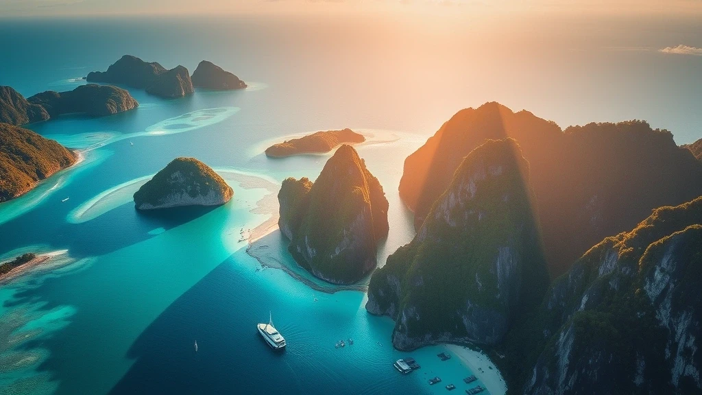 Luftaufnahme der ikonischen Kalksteinfelsen und versteckten Lagunen von El Nido zur goldenen Stunde