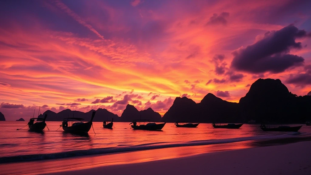 Sonnenuntergang am Seven Commandos Beach in El Nido mit traditionellen Booten
