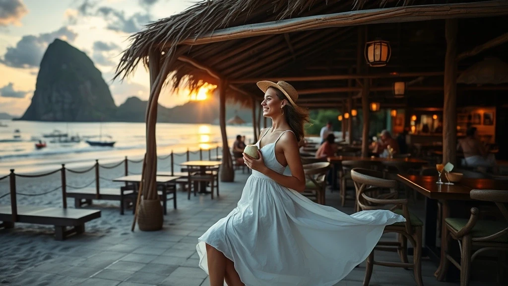 Elegante Reisende geniesst frische Kokosnuss am Strandrestaurant in El Nido