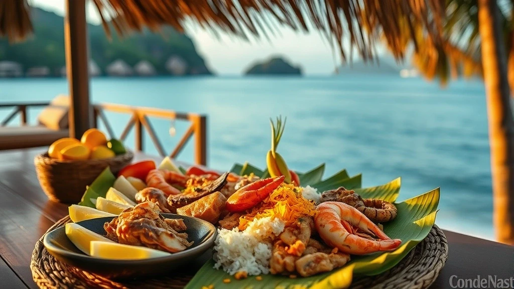 Traditionelles philippinisches Festmahl auf Bananenblaettern in El Nido