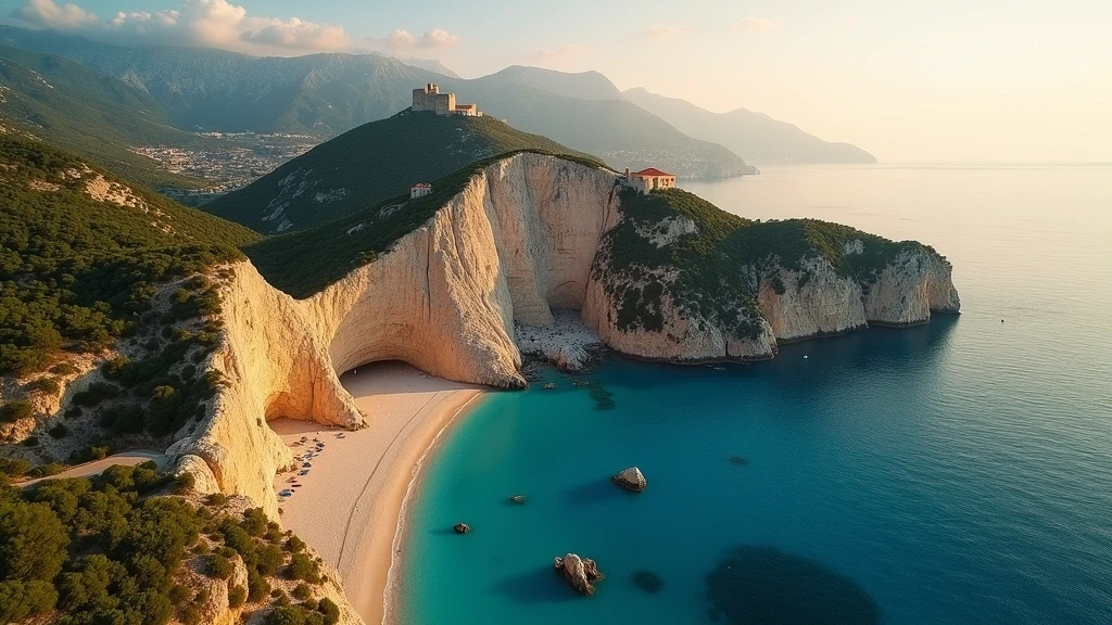 Luftaufnahme der Granitkueste Elbas mit Monte Capanne zur goldenen Stunde in Italien