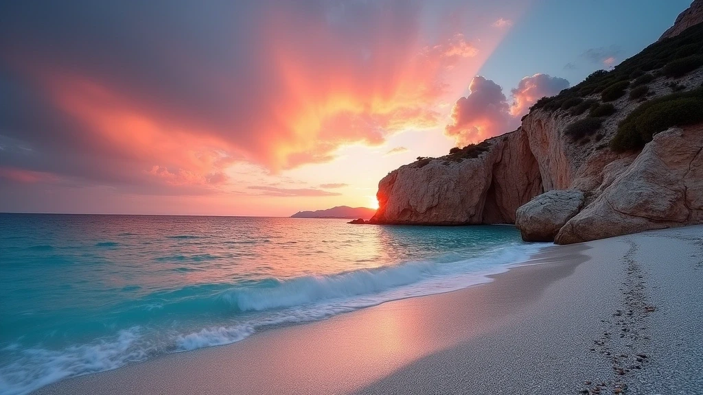 Sonnenuntergang am Spiaggia di Sansone mit Granitklippen auf Elba, Italien