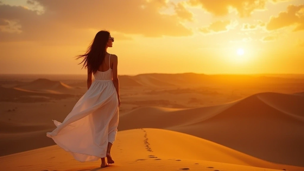Elegante Reisende in weissem Kleid auf den Sahara-Duenen in Erfoud, Marokko