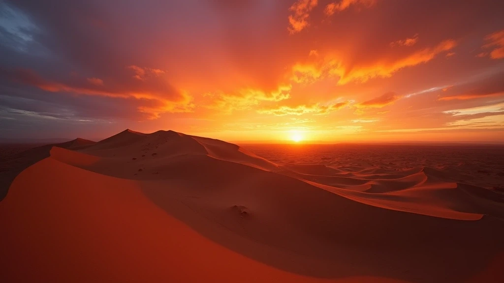 Dramatischer Sonnenuntergang ueber den Sahara-Duenen in Erfoud, Marokko