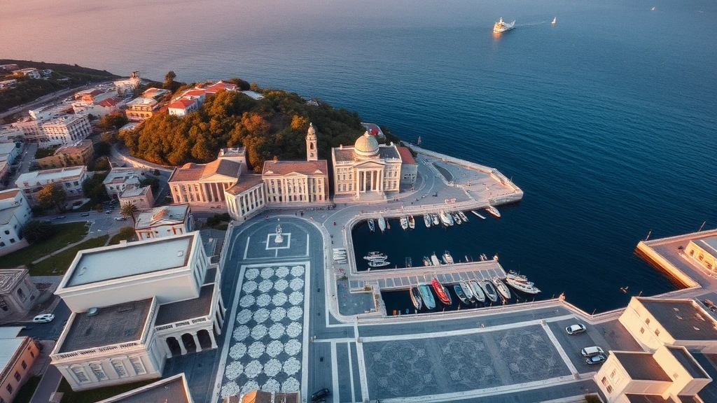 Luftaufnahme von Ermoupoli, Griechenland mit neoklassizistischer Architektur und Hafen zur goldenen Stunde
