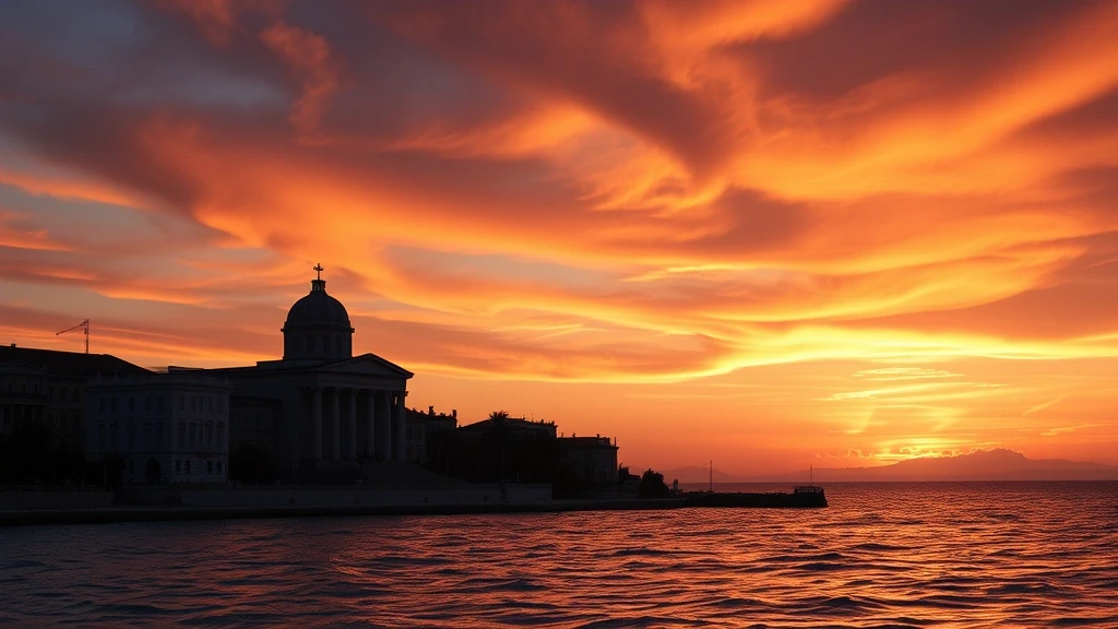 Sonnenuntergang ueber der Aegaeis in Ermoupoli, Griechenland mit Silhouette der Kirche Mariä Himmelfahrt