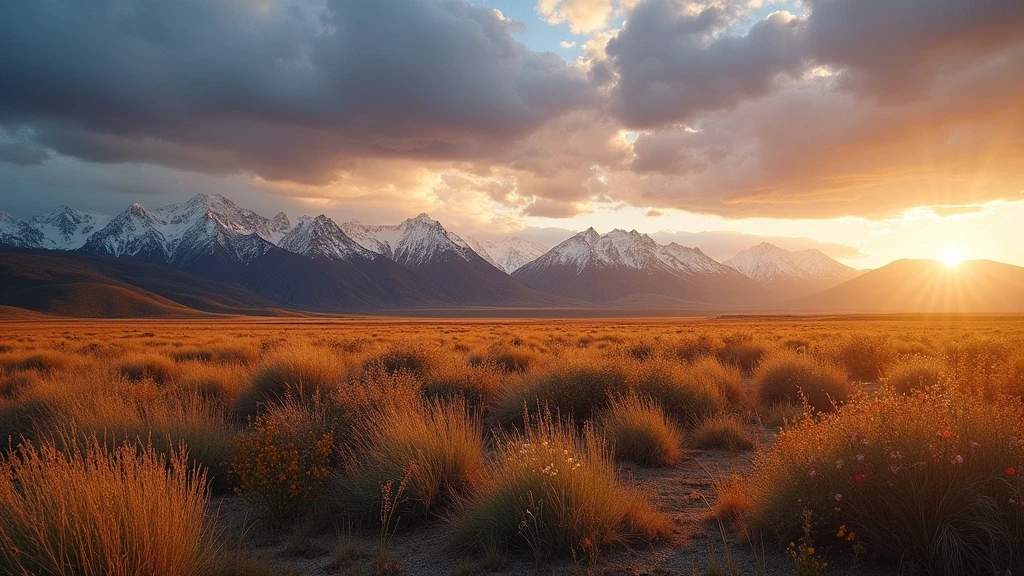 Esquel Patagonien bei goldenem Abendlicht mit schneebedeckten Anden im Hintergrund und wilden Blumen