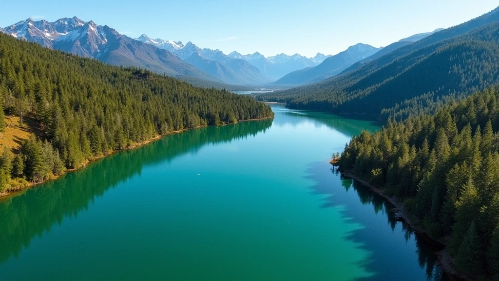 Drohnenaufnahme vom smaragdgruenen Lago Futalaufquen im Los Alerces Nationalpark bei Esquel